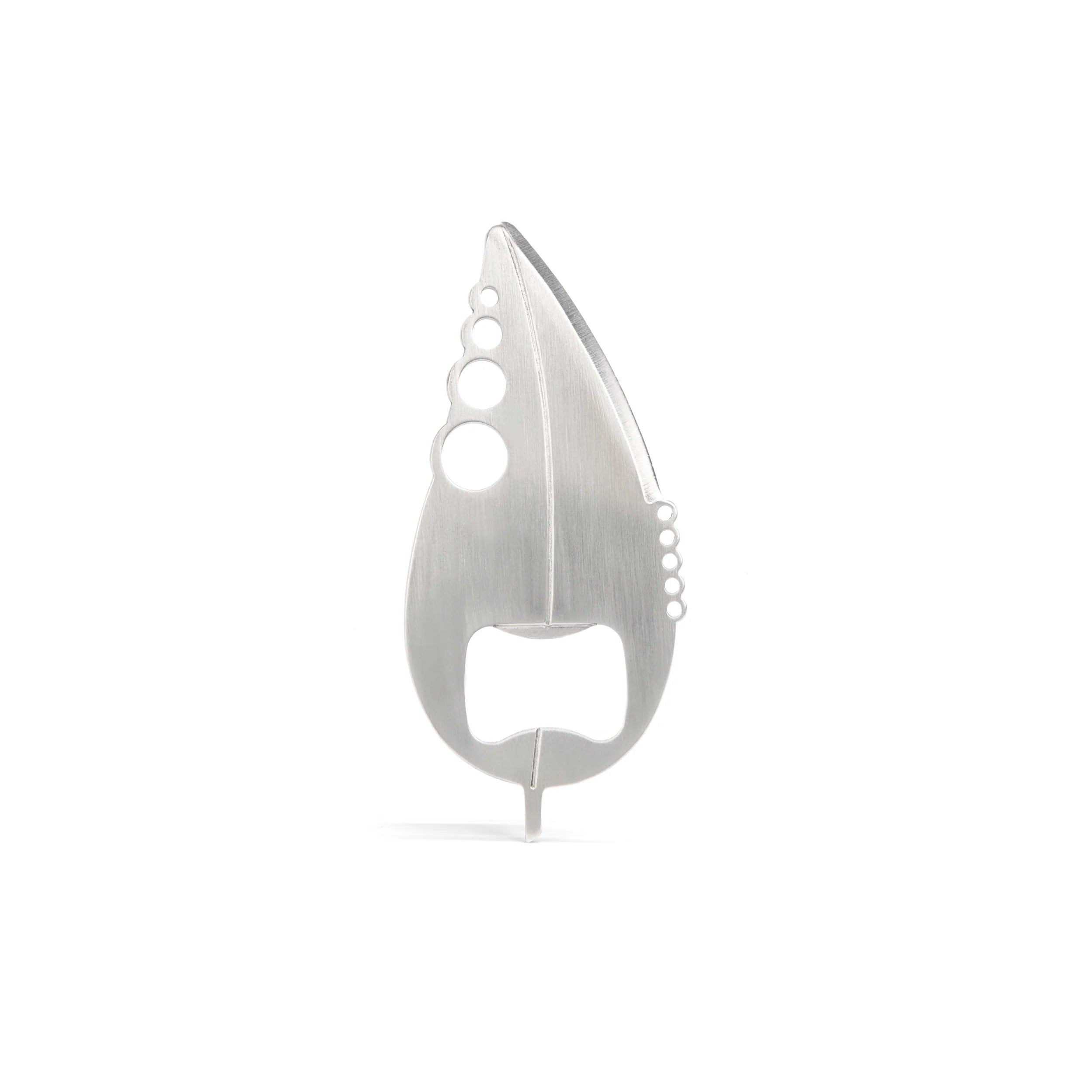 Silver teardrop-shaped bottle opener with multiple small holes and a pointed tip.