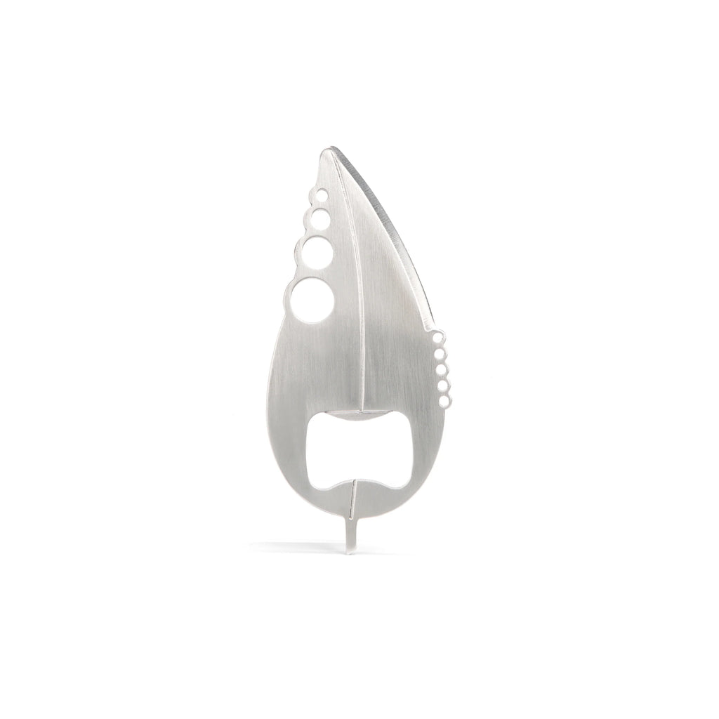 Silver teardrop-shaped bottle opener with multiple small holes and a pointed tip.