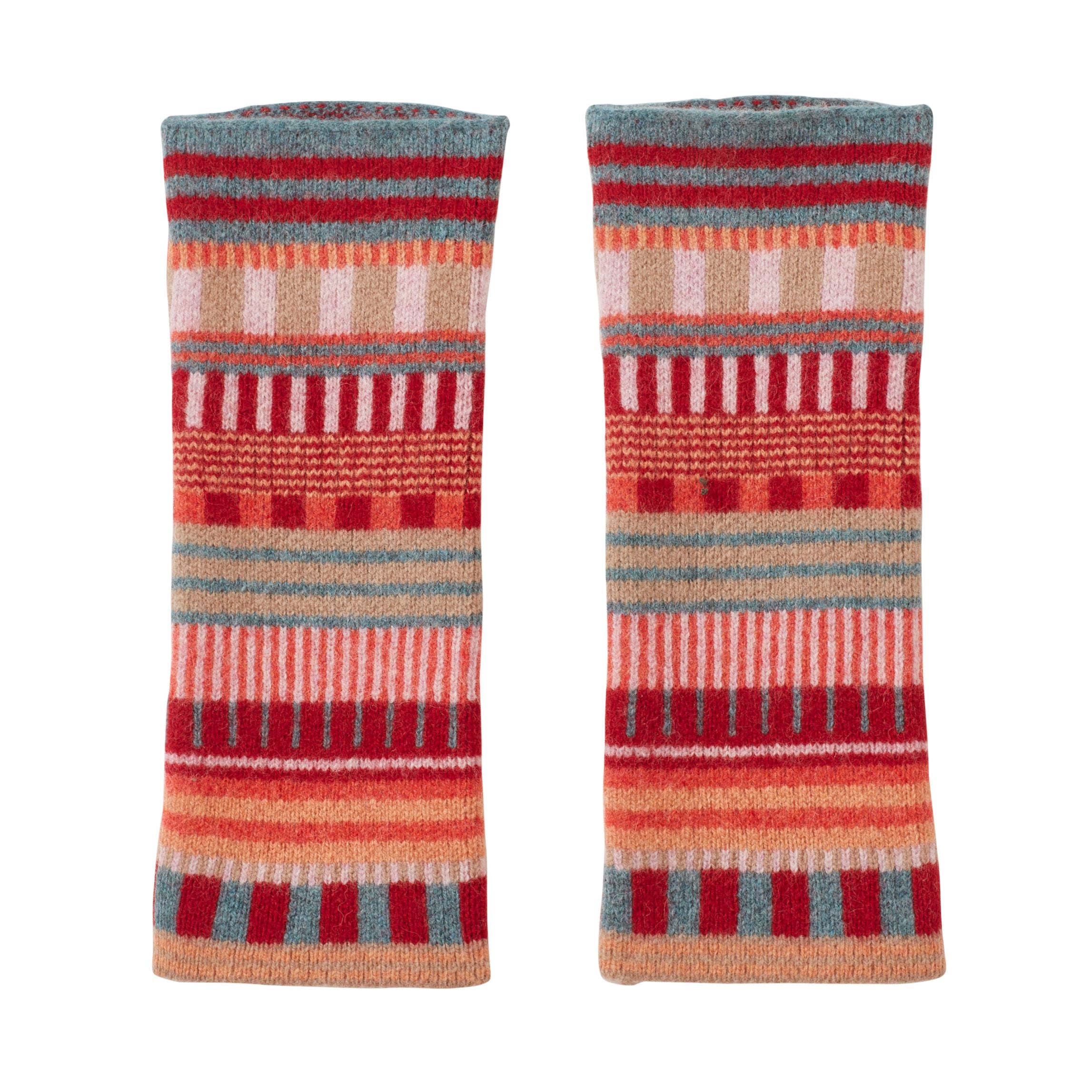 Striped arm warmers in red, orange, blue, and cream by Donna Wilson. Cozy and vibrant pattern.