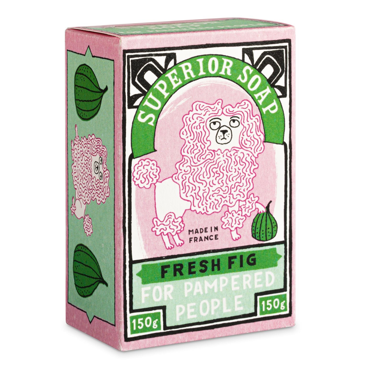 Pink soap box featuring a cartoon poodle, green fig illustrations, and text reading "Superior Soap," "Fresh Fig," "For