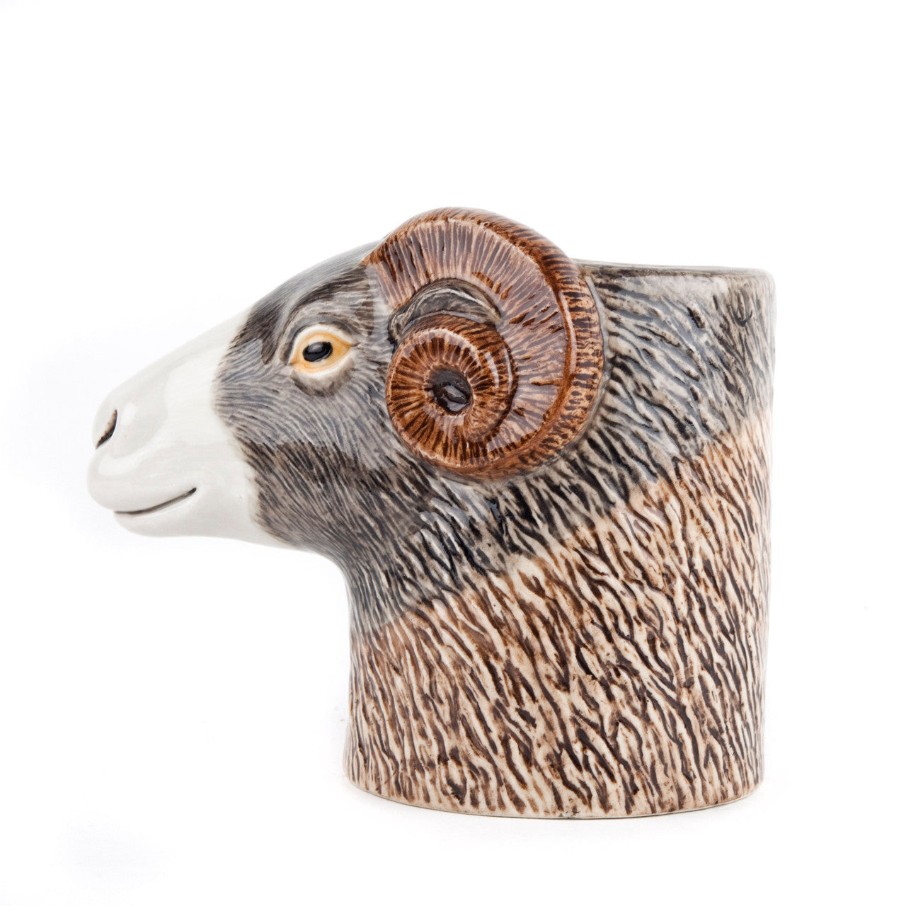 Ceramic ram's head mug, grey and brown, detailed textured fur, curled horns.