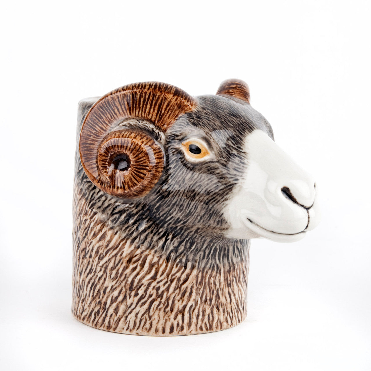 Ceramic ram's head mug; brown, grey, and white detailed design; curled horns.