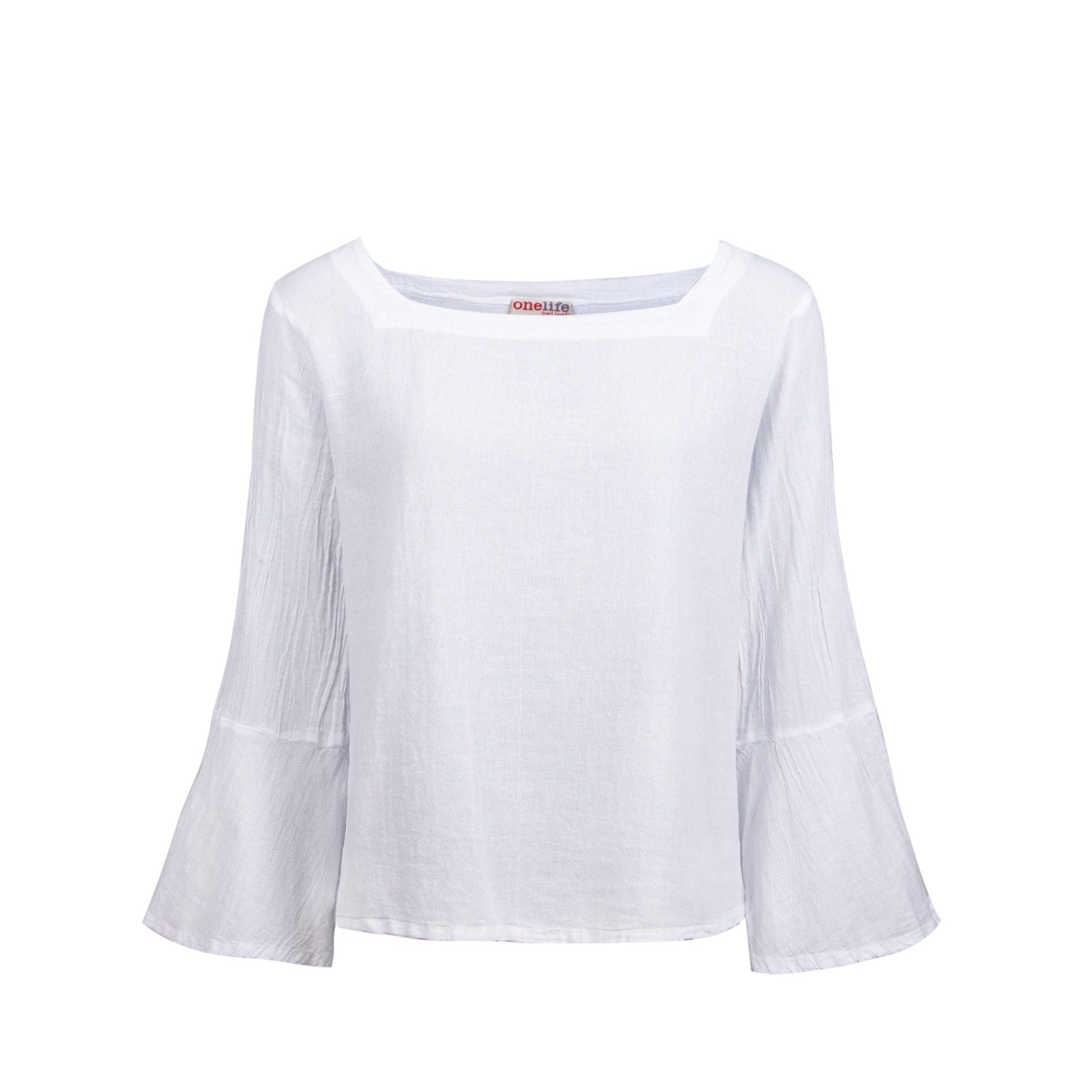 White linen blouse with three-quarter bell sleeves and a square neckline.  Small "onelife" label visible at neckline.