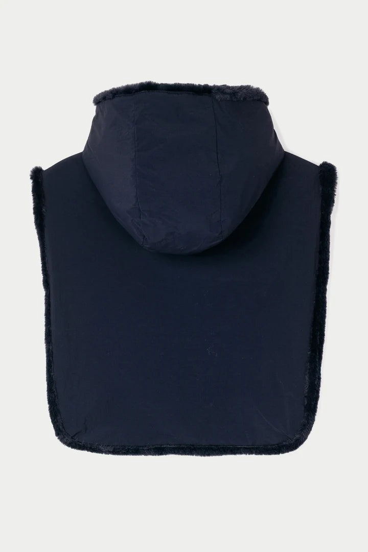 A dark navy hooded vest with black faux-fur trim, shown from the back against a light gray background.