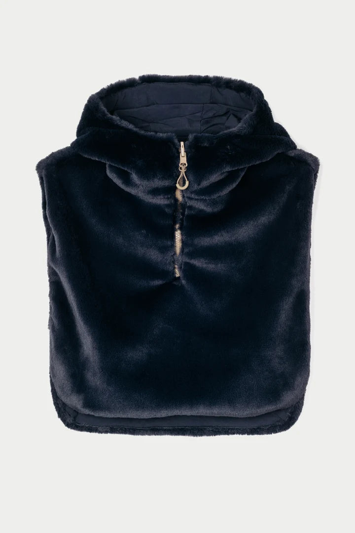A dark navy blue plush faux fur half-zip vest with a gold-tone zipper pull, shown flat against a light gray background.