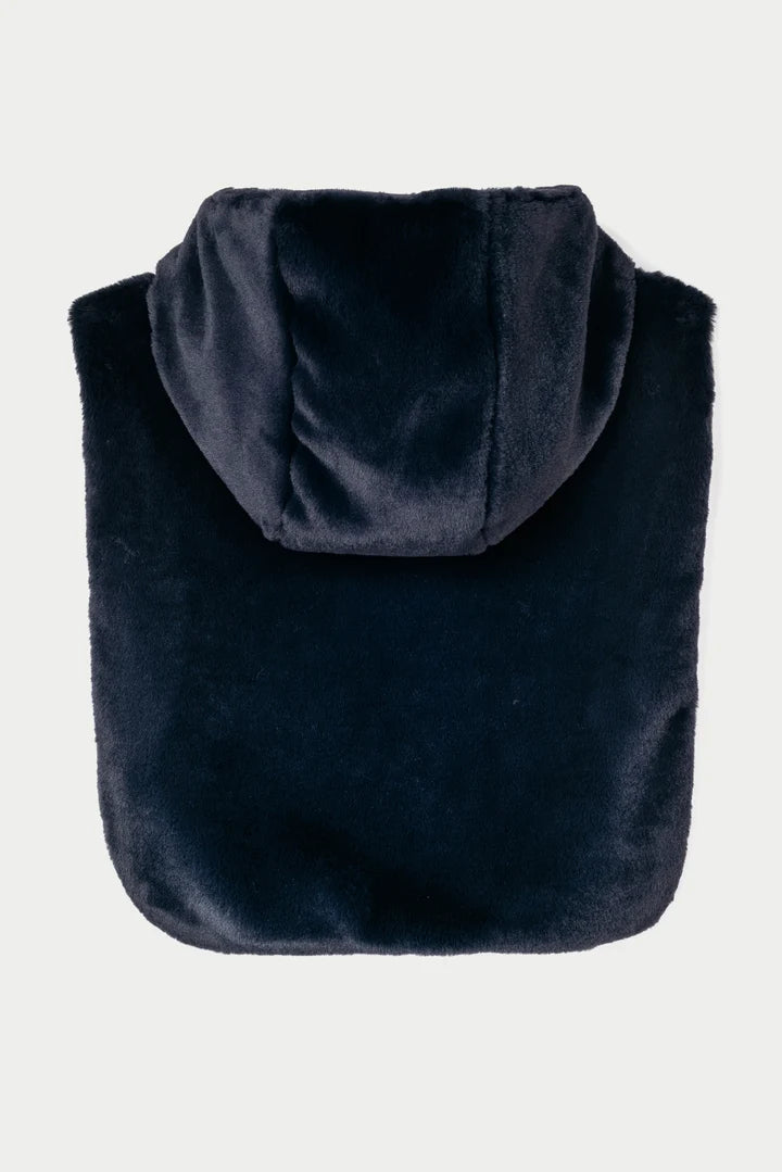 A dark navy blue plush fleece hooded blanket, folded to show its soft, velvety texture and hood, set against a plain light gray background.