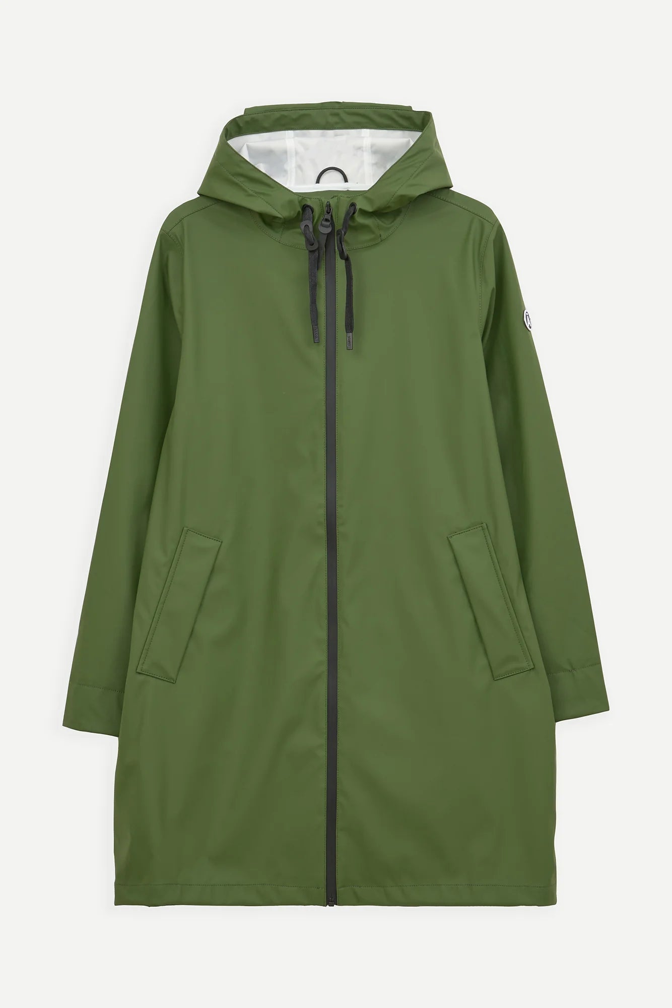 An olive green hooded raincoat with a black front zipper and black drawstrings, displayed against a light gray background.