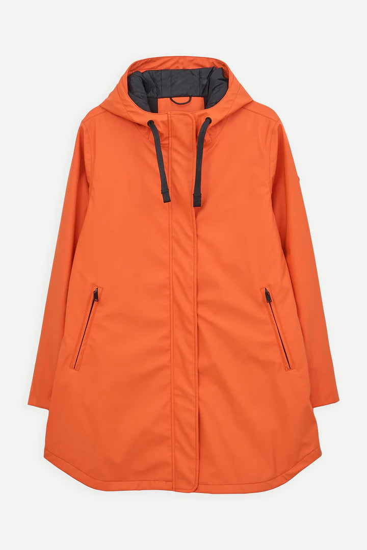 Orange raincoat with black accents on a white background