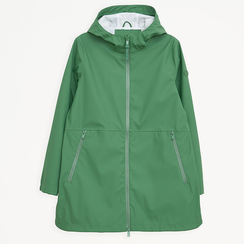 Green raincoat with a hood on a white background