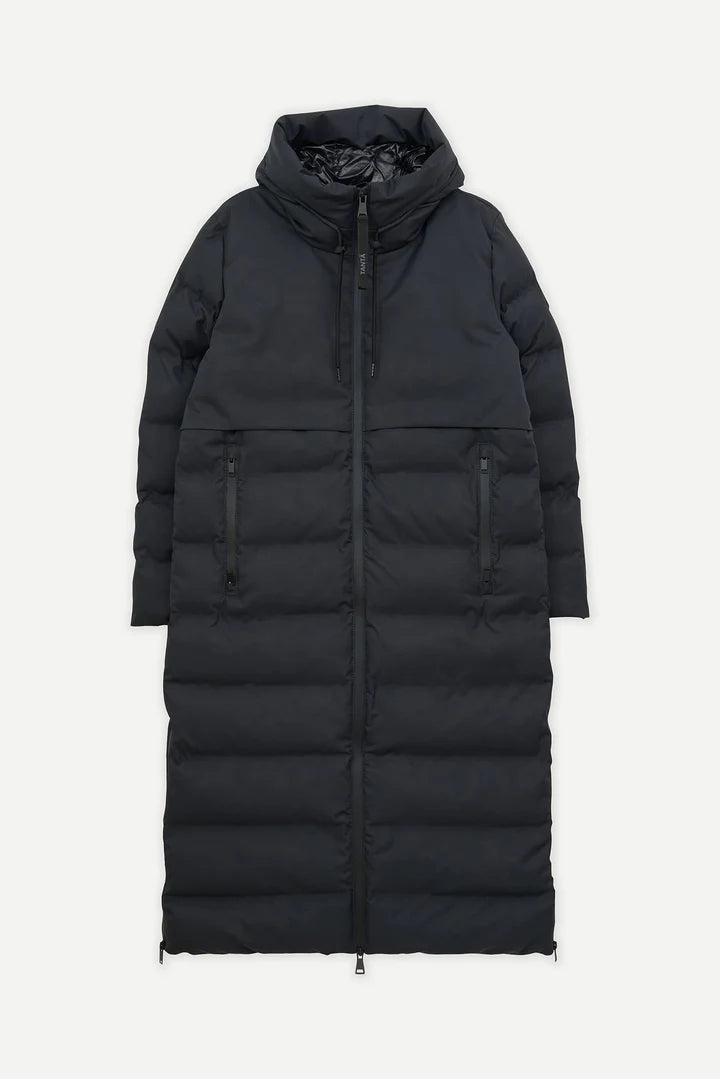 Black long puffer coat on a white background