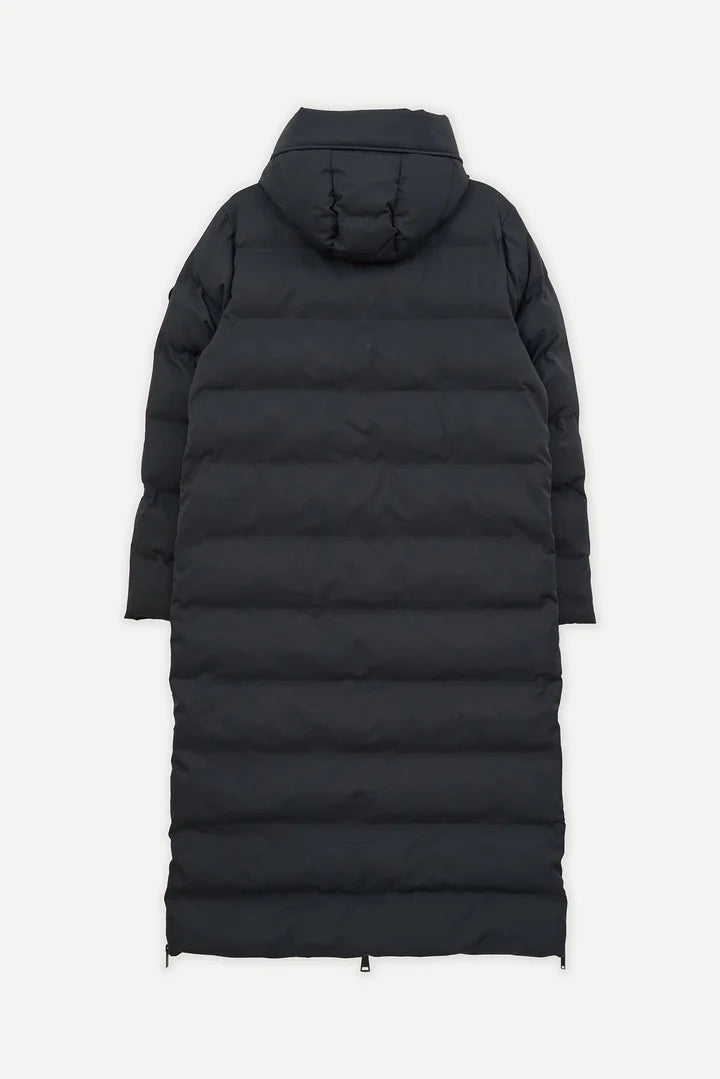 Long black puffer coat on a white background