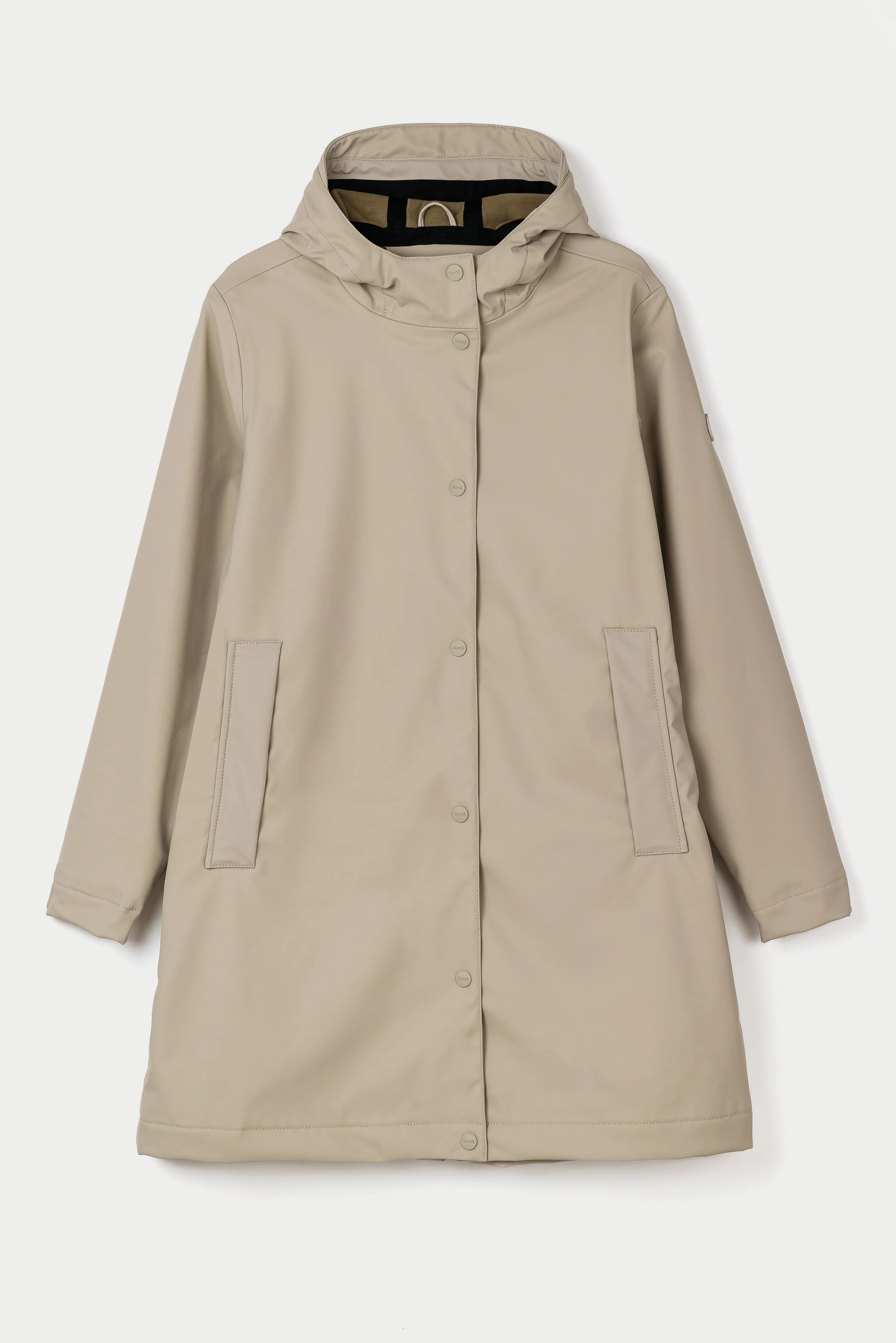 A beige hooded raincoat with a button-front closure and two large front patch pockets, shown flat against a light gray background.
