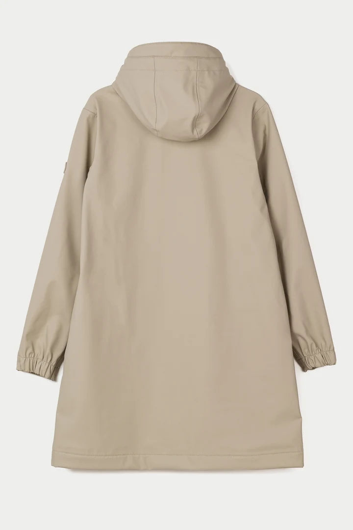 A light beige hooded raincoat shown from the back, featuring a smooth matte finish and elasticized cuffs, set against a solid off-white background.