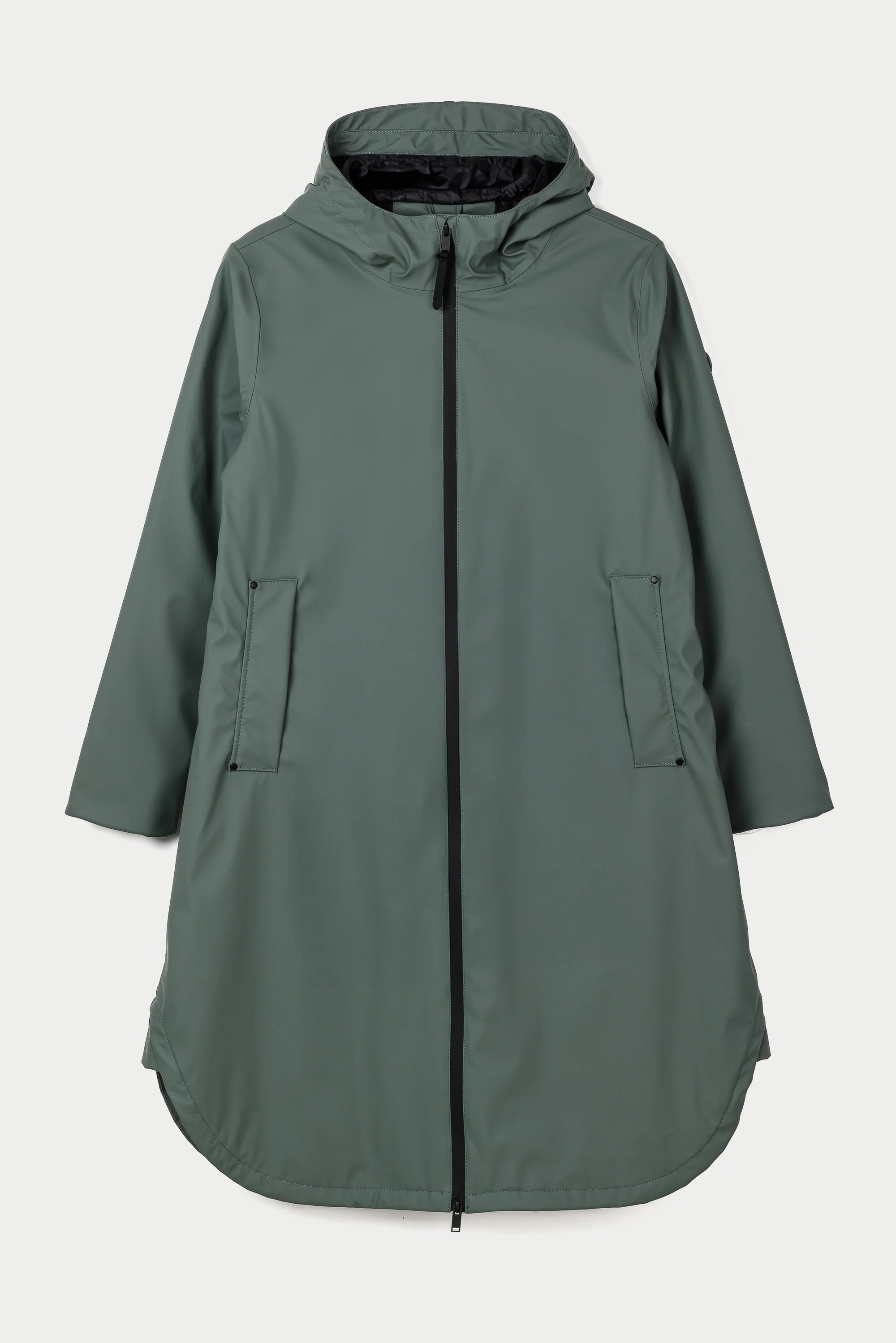 A muted sage green hooded raincoat with a black front zipper and black interior lining, displayed against a light gray background.