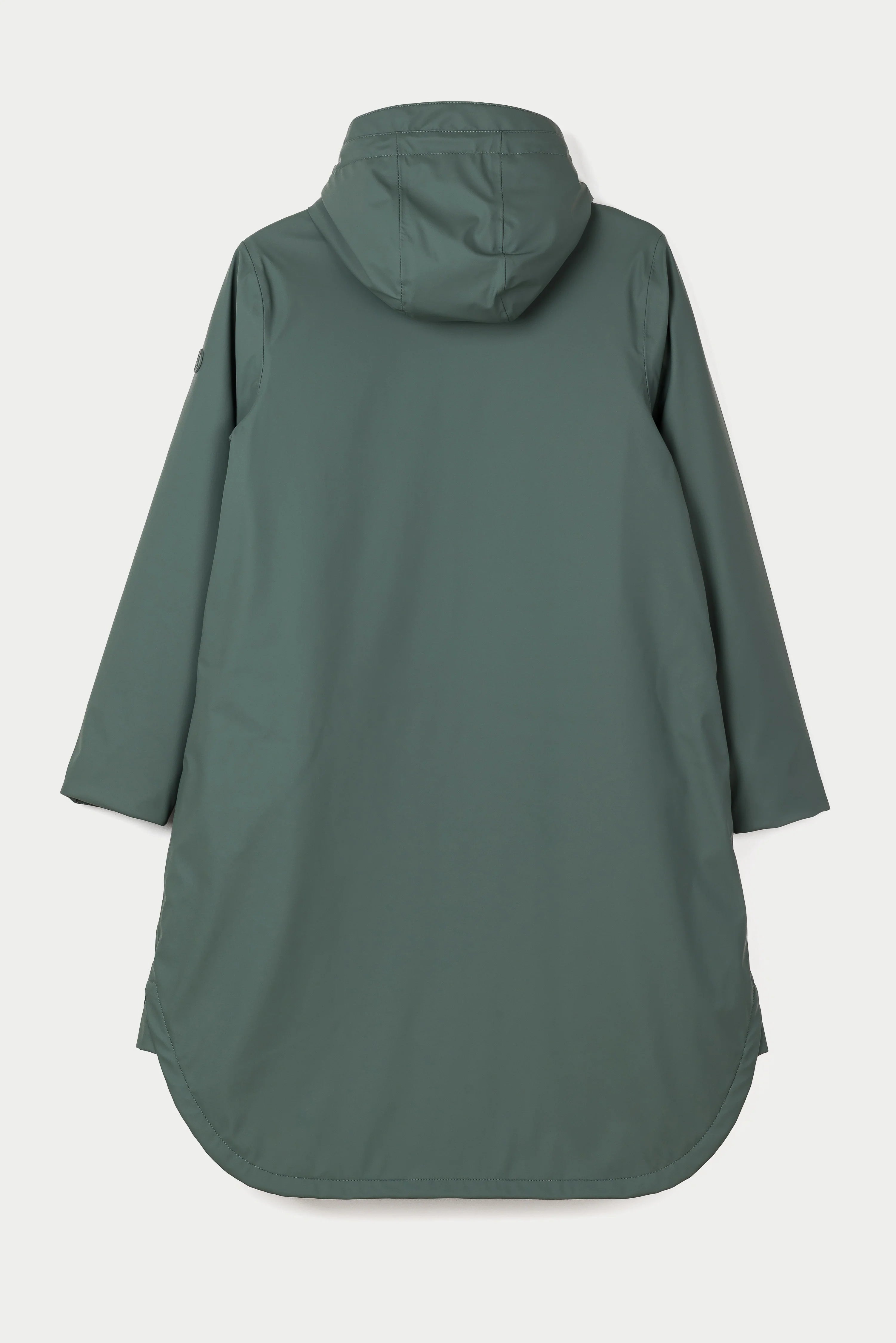 A muted sage green hooded raincoat shown from the back, featuring a relaxed fit and long sleeves, photographed against a light gray studio background.