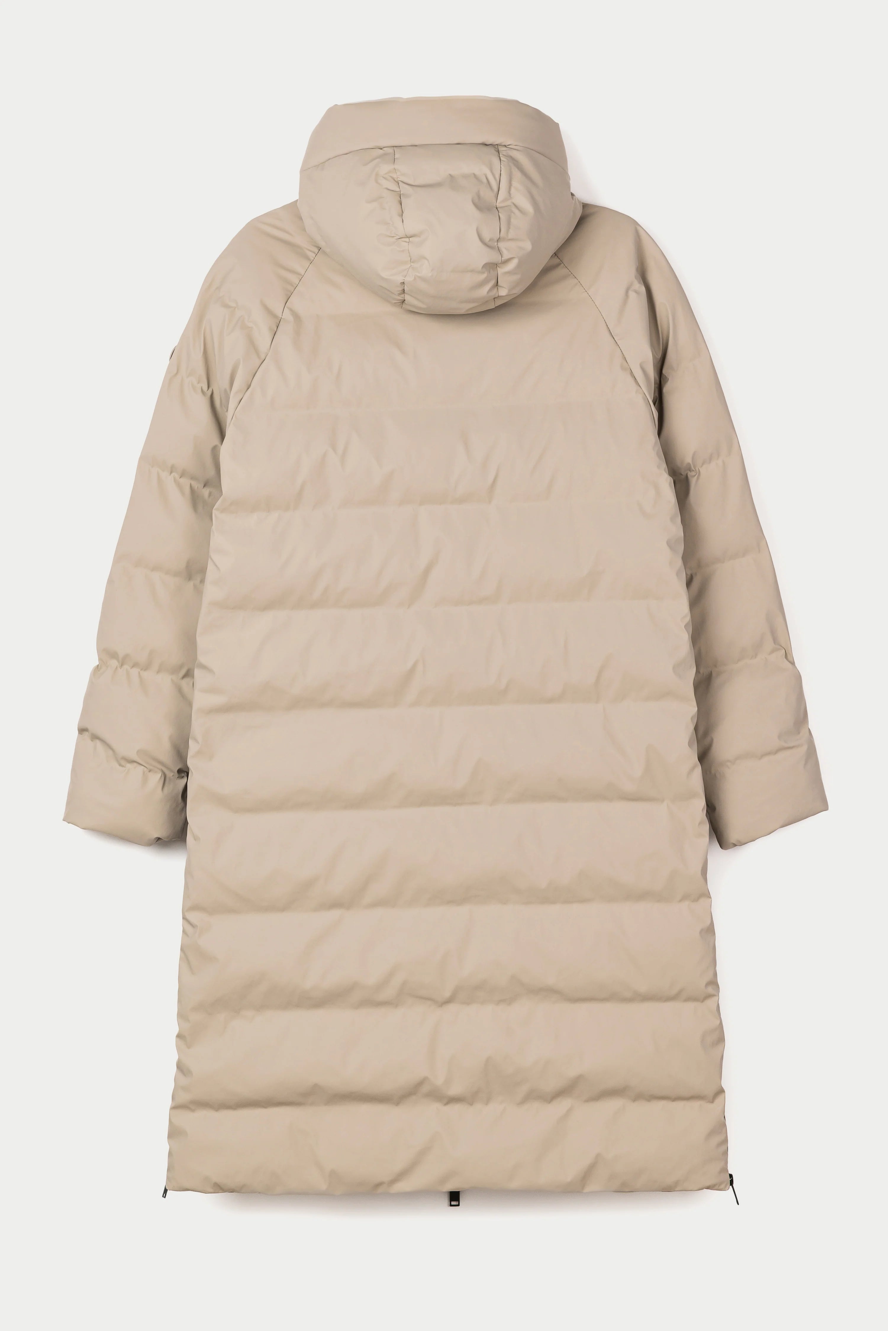 A long, hooded puffer coat shown from the back, in a light beige or sand color, against a plain light gray background.