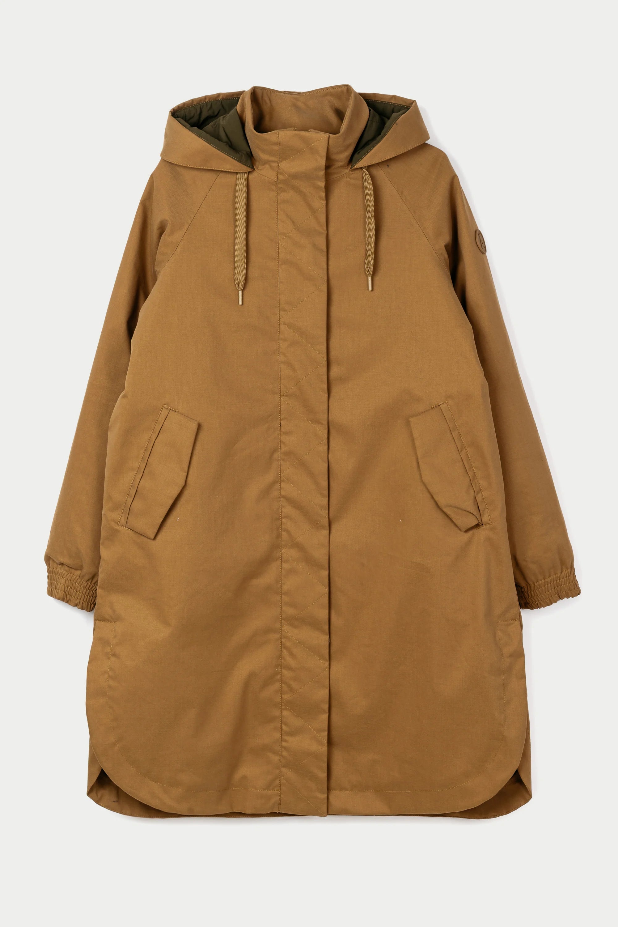 A mid-length hooded coat in a warm camel brown color, featuring a front zipper, drawstring hood, and large front patch pockets, shown against a light gray background.
