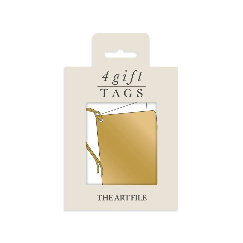 A retail package containing a gold gift tag, shown against a plain white background. The packaging is a light beige card with the text '4 gift TAGS' and 'THE ART FILE' printed on it, along with an illustration of the gold tag.