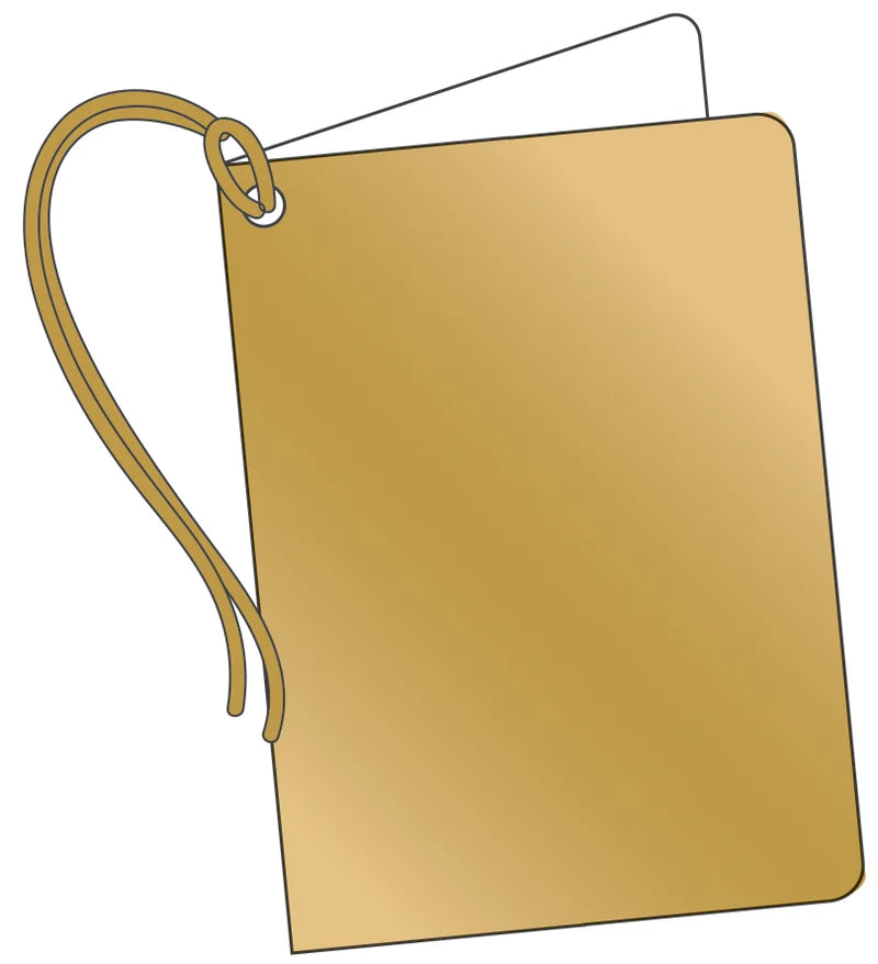 A blank gold-colored hanging tag with a tan loop and string, shown on a plain white background.