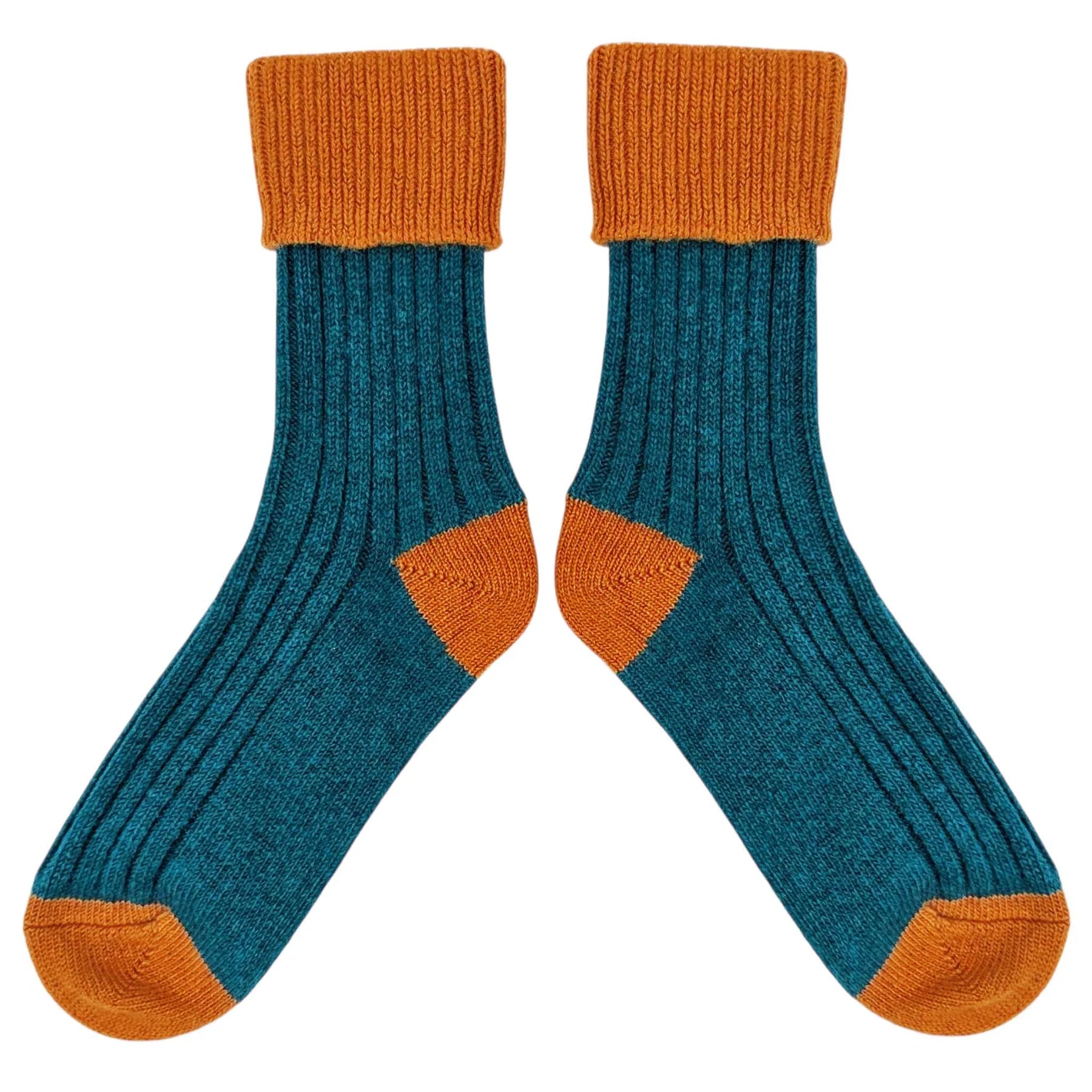 A pair of ribbed crew socks in teal blue with contrasting orange cuffs, heels, and toes, displayed against a solid white background.
