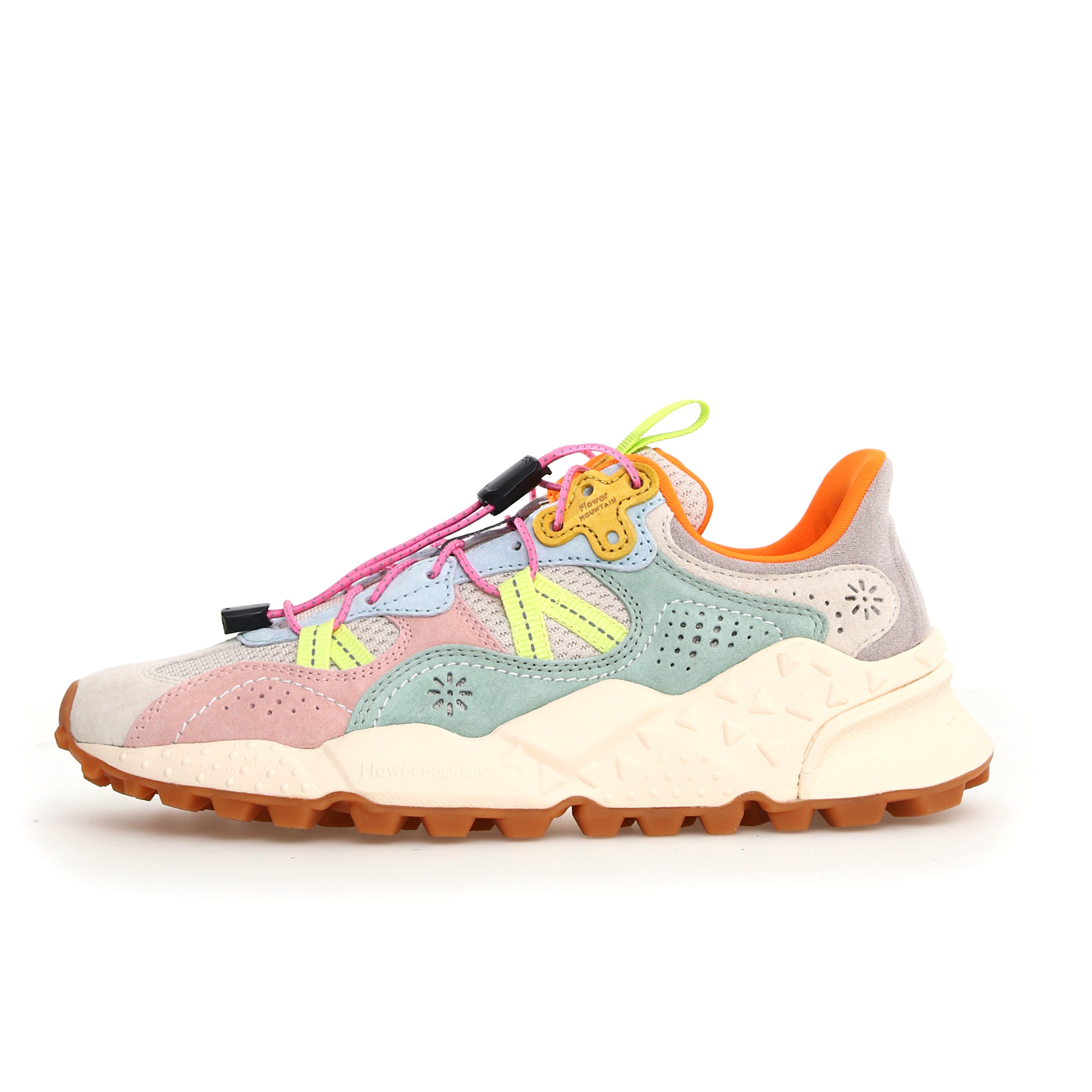 Multicolored suede and mesh low-top sneaker with chunky off-white sole and contrasting laces.