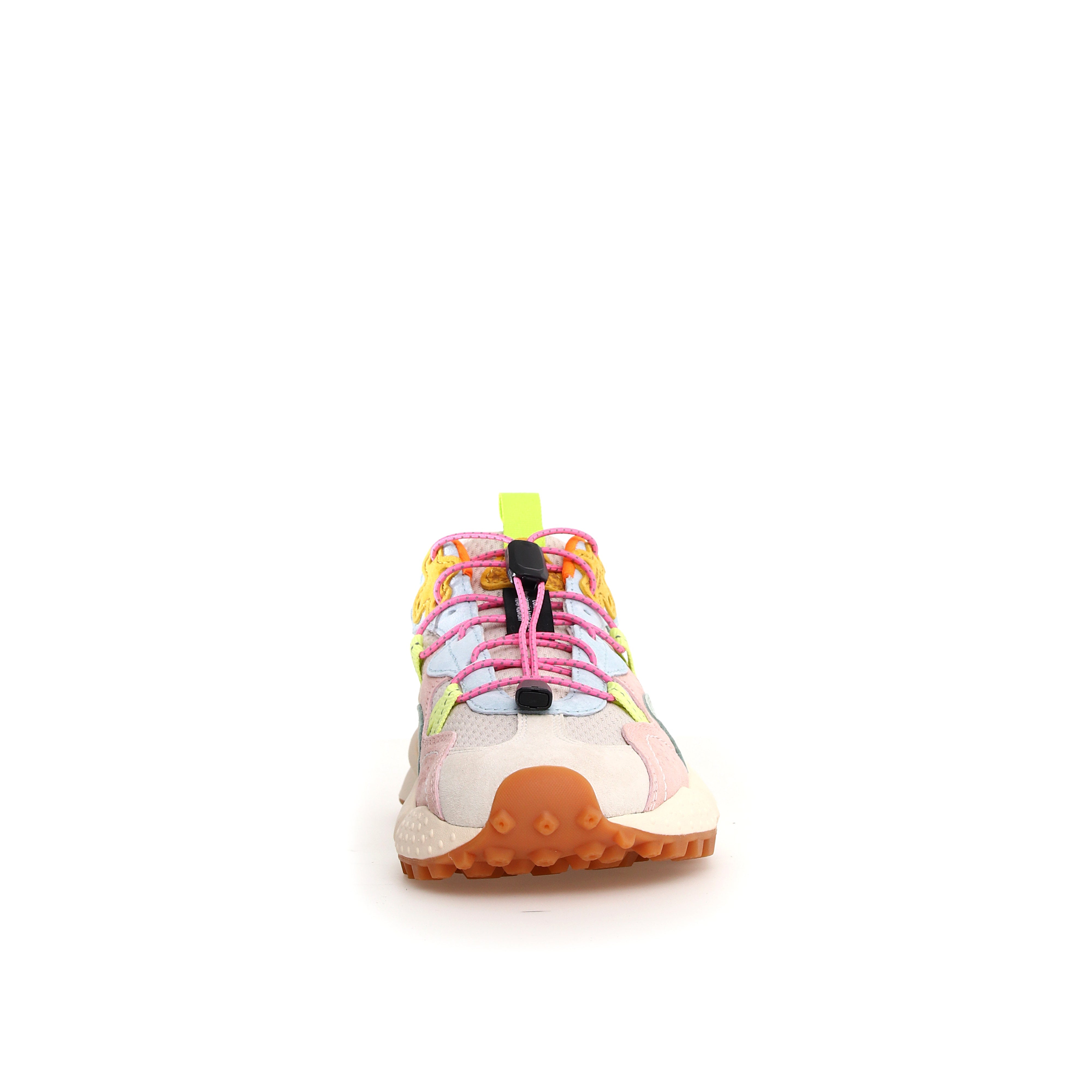 Multicolored low-top sneaker with pink, light blue, and beige suede and mesh upper,  yellow and lime green accents, and a