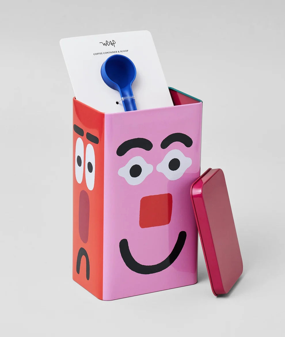 Pink container with cartoon face design on a white background