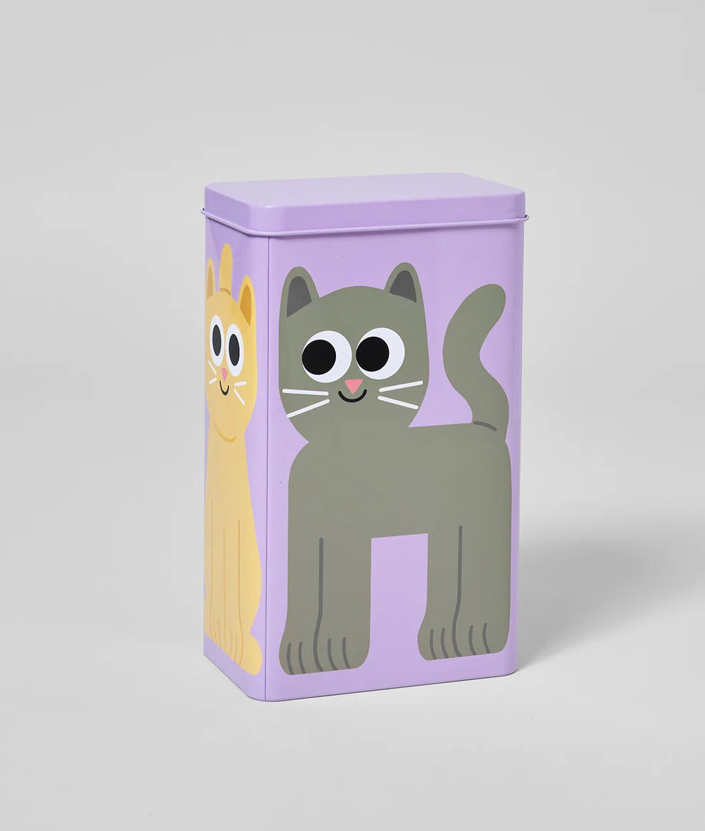 Rectangular tin box with cartoon cat design on a light gray background
