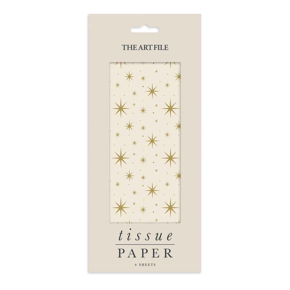 The Art File tissue paper in a beige card sleeve with a gold star pattern visible through a clear window.