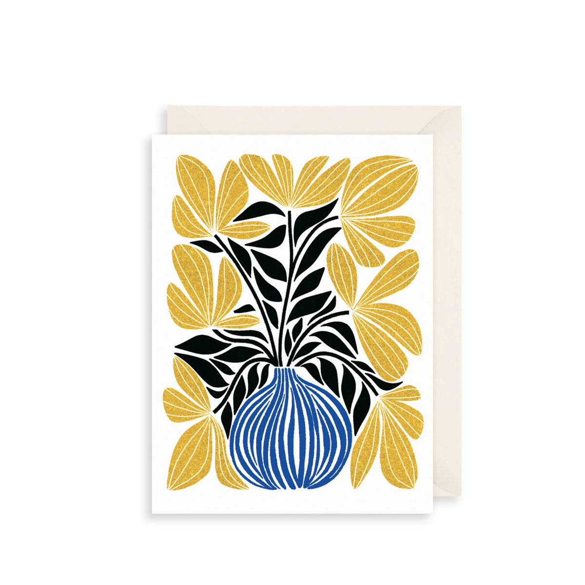 A vertical greeting card with a botanical illustration of yellow flowers and black leaves in a blue striped vase, shown with a light beige envelope behind it on a white background.