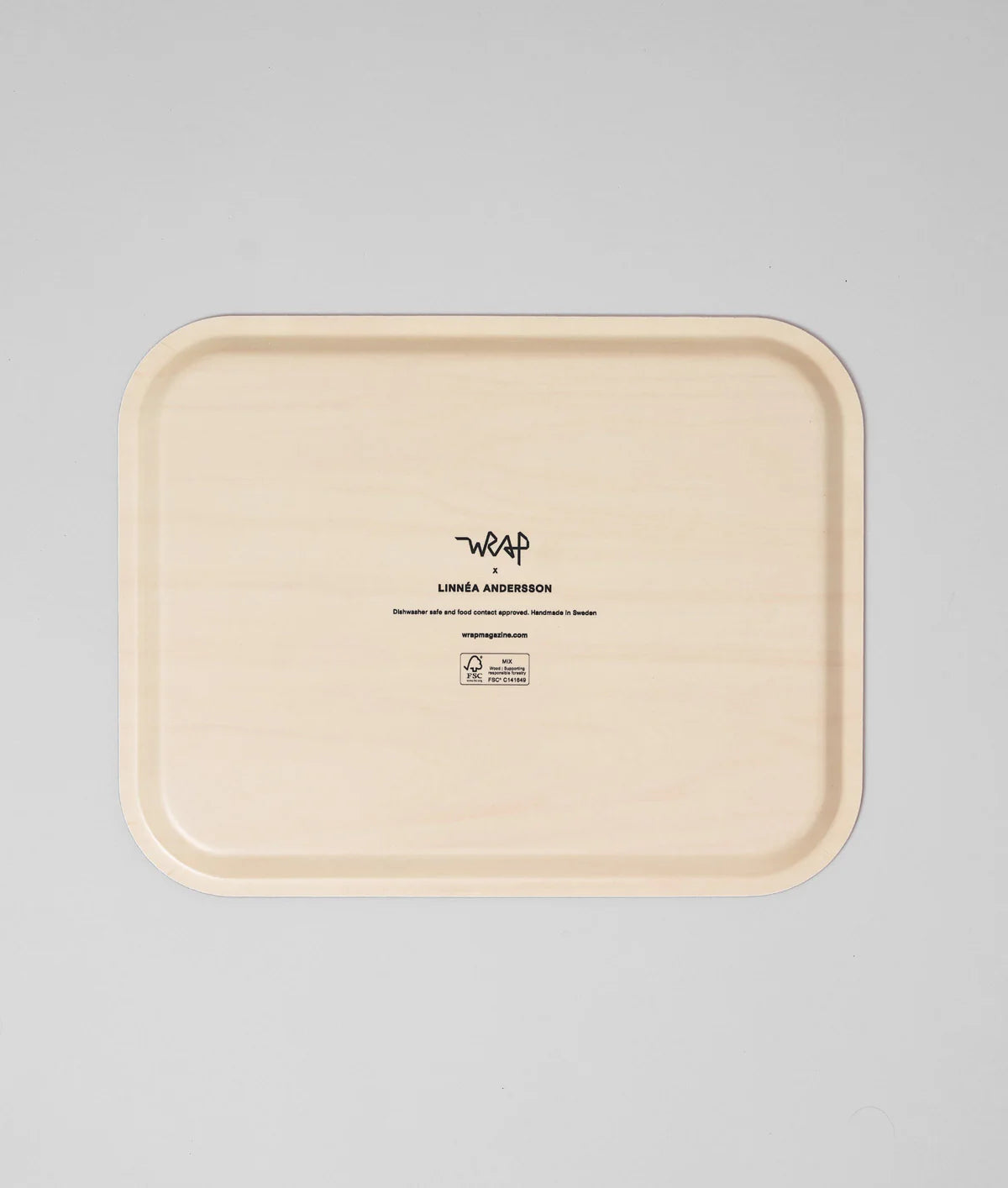 Beige tray with a brand logo on a gray background