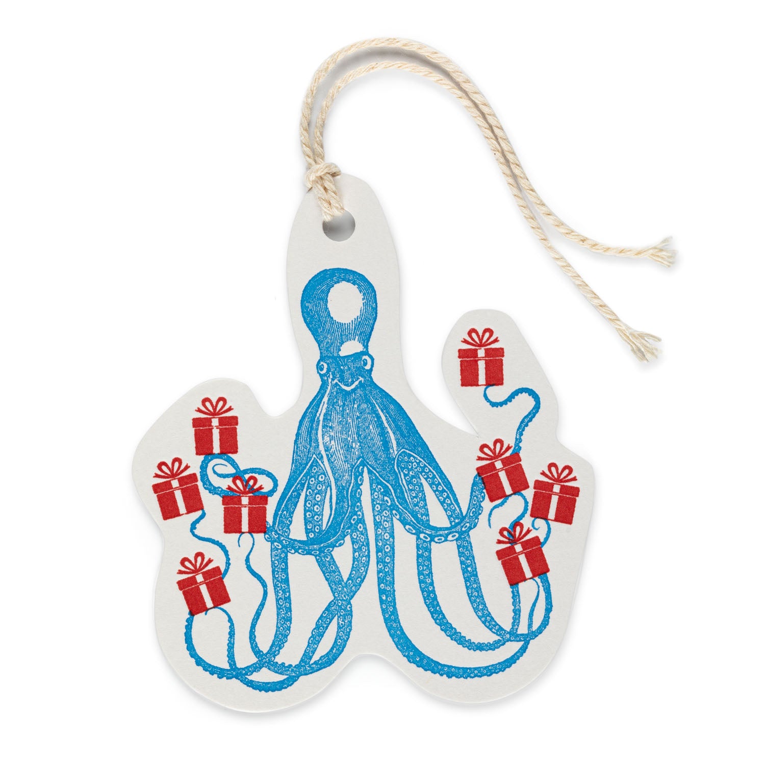 Blue octopus gift tag with red presents and cream-colored twine.