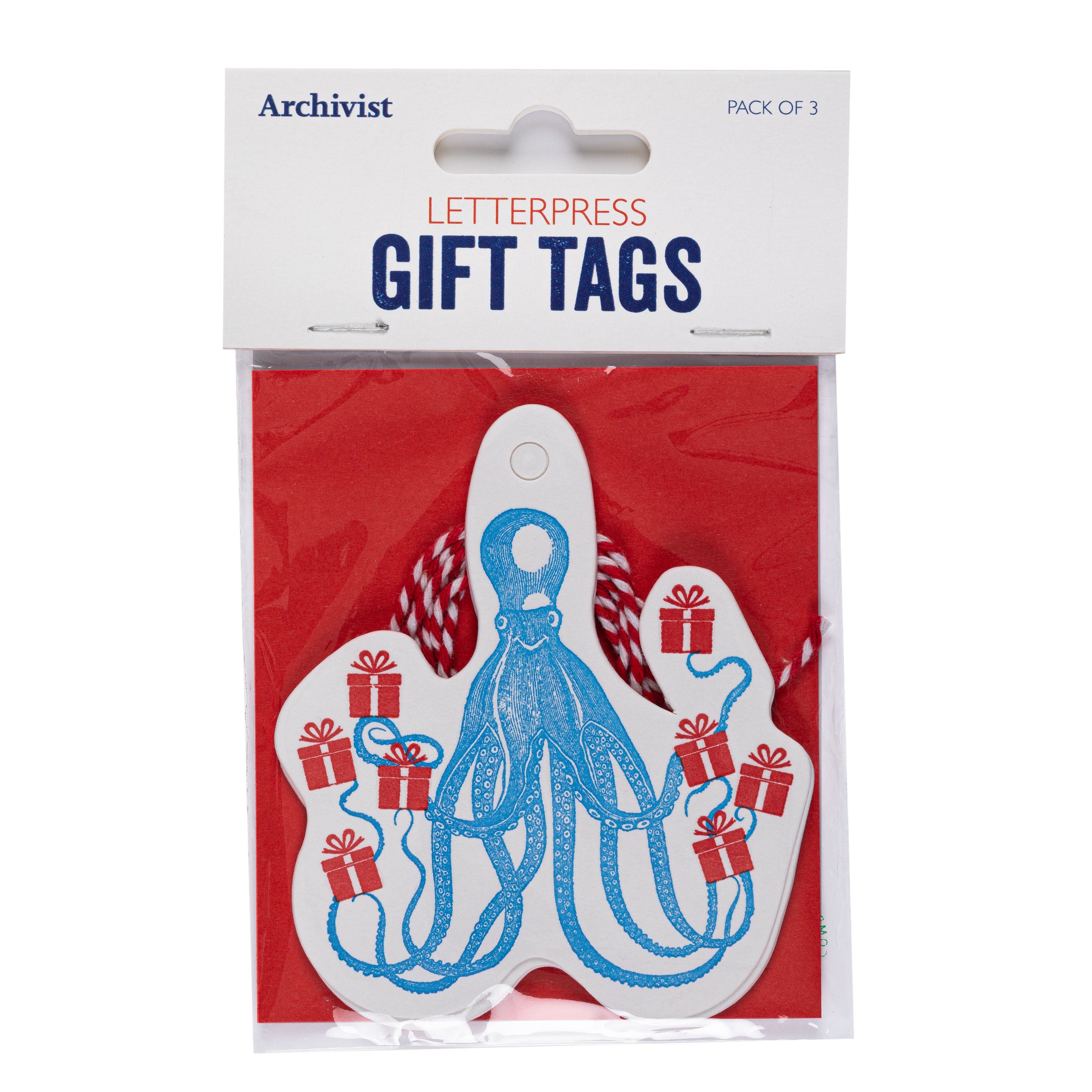 Pack of three letterpress gift tags featuring a blue octopus design carrying red gift boxes.