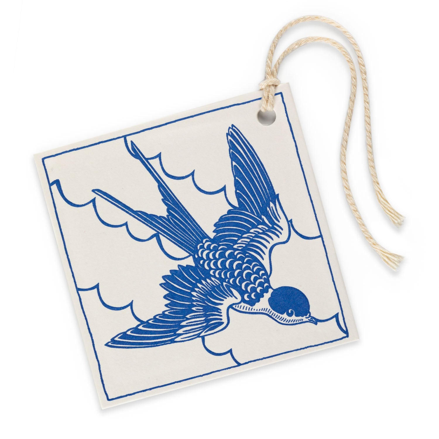 Square gift tag with a blue swallow illustration and cream background.