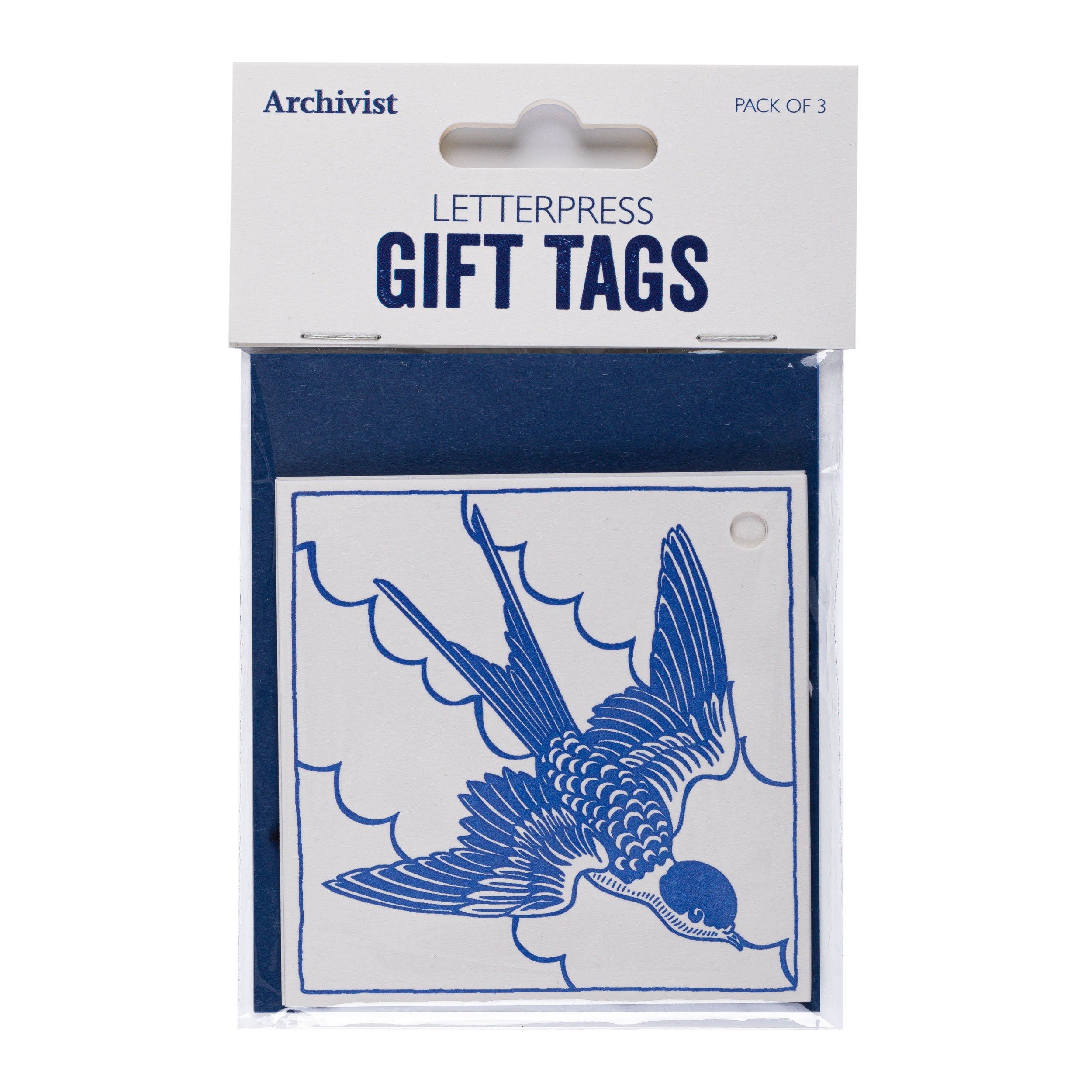 Pack of three letterpress gift tags featuring a blue swallow design on a light gray background.