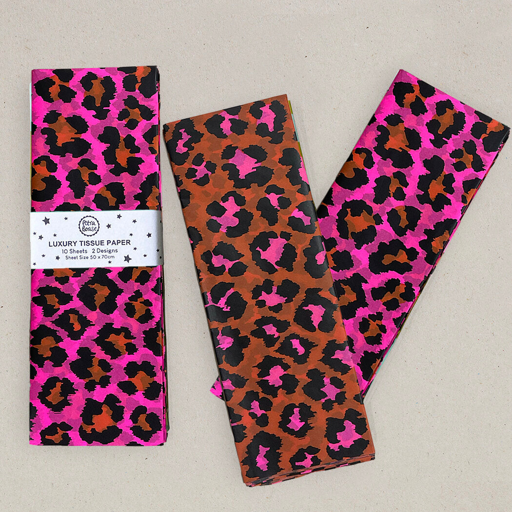 Ten sheets of luxury tissue paper with a pink and brown leopard print design. Sheets measure 50 x 70cm.