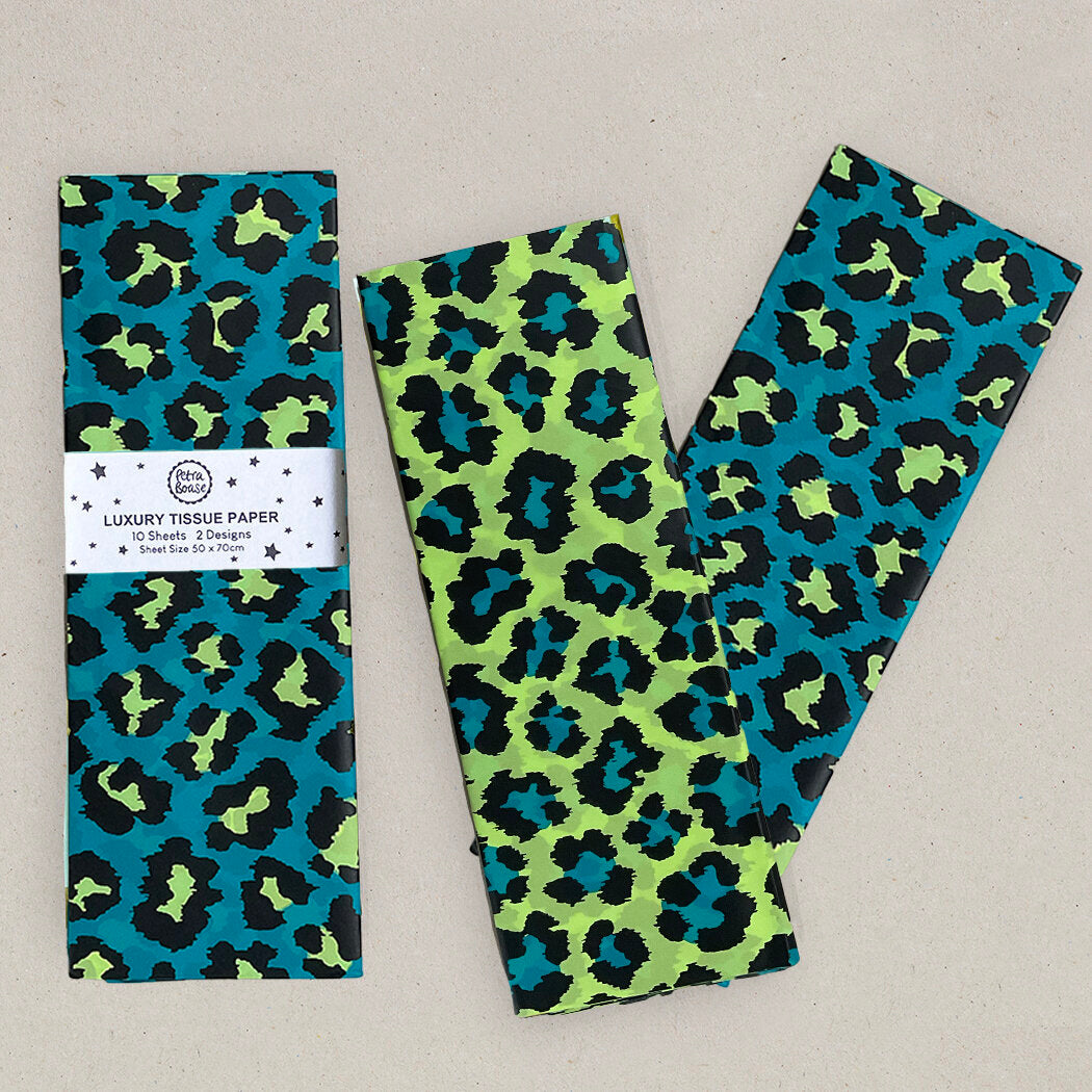 Ten sheets of luxury tissue paper in teal and lime green leopard print. Sheet size 50 x 70cm. Two designs included.