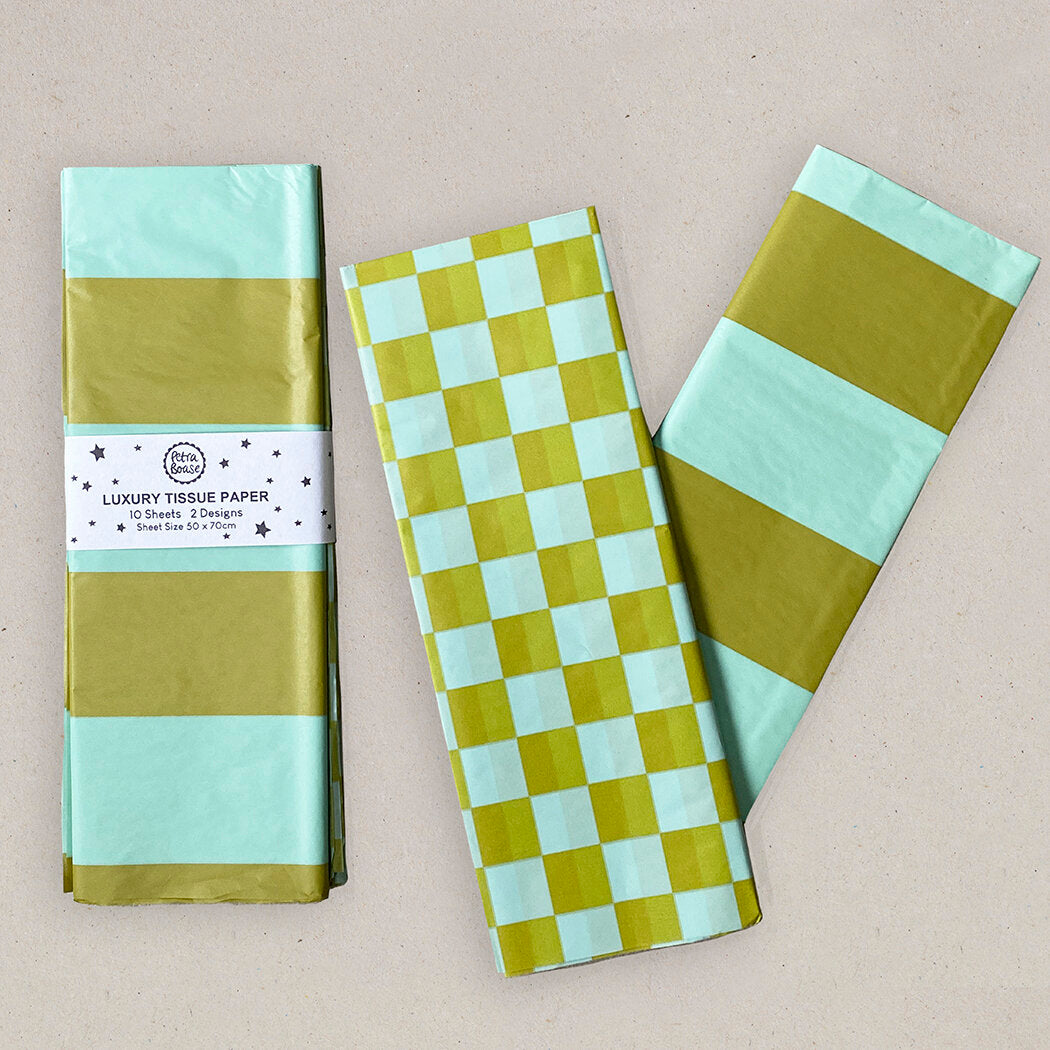 Ten sheets of luxury tissue paper in two designs: mint green and olive green stripes, and a checkered pattern.