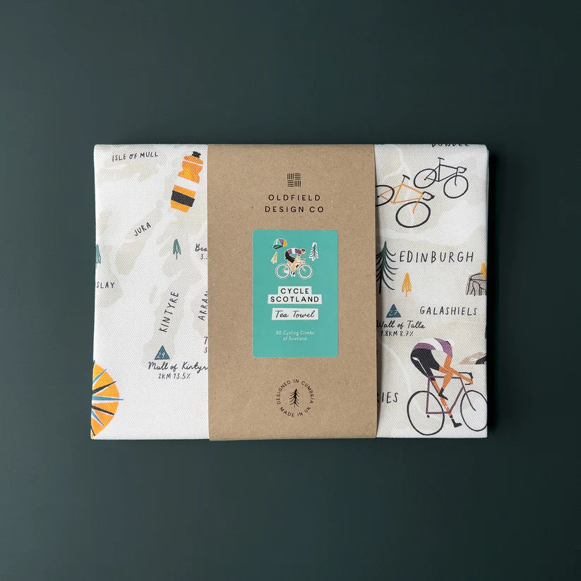 Cycle Scotland tea towel featuring a map of Scotland with 30 cycling climbs illustrated.