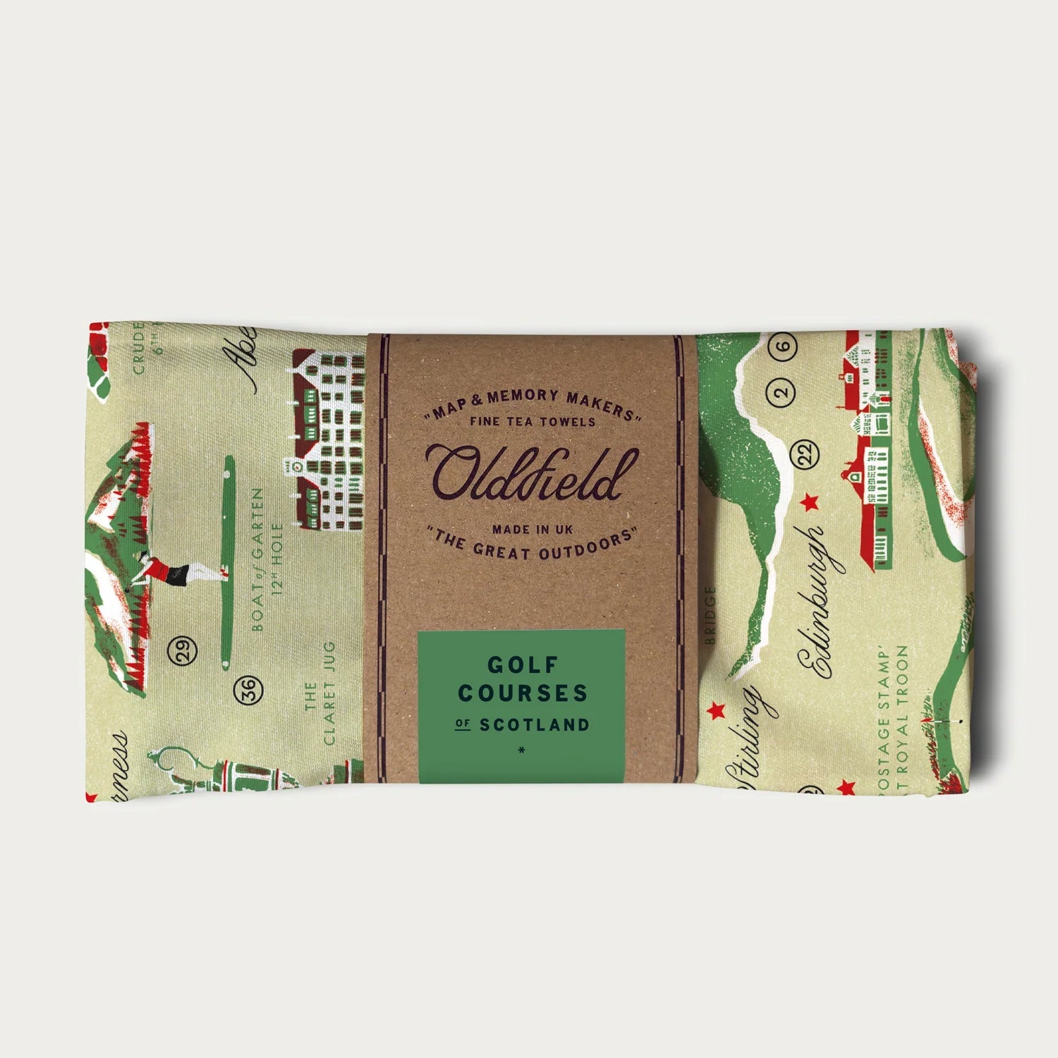 Tea towel with golf course design and Oldfield branding on a white background