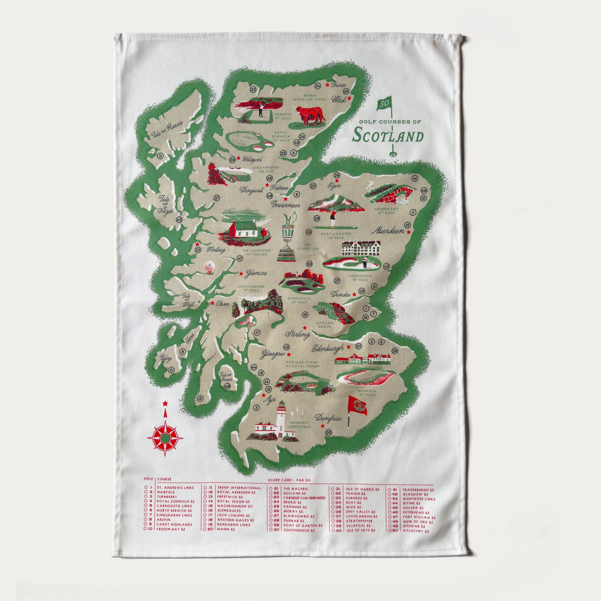 Tea towel with a map of Scotland featuring various locations and landmarks.