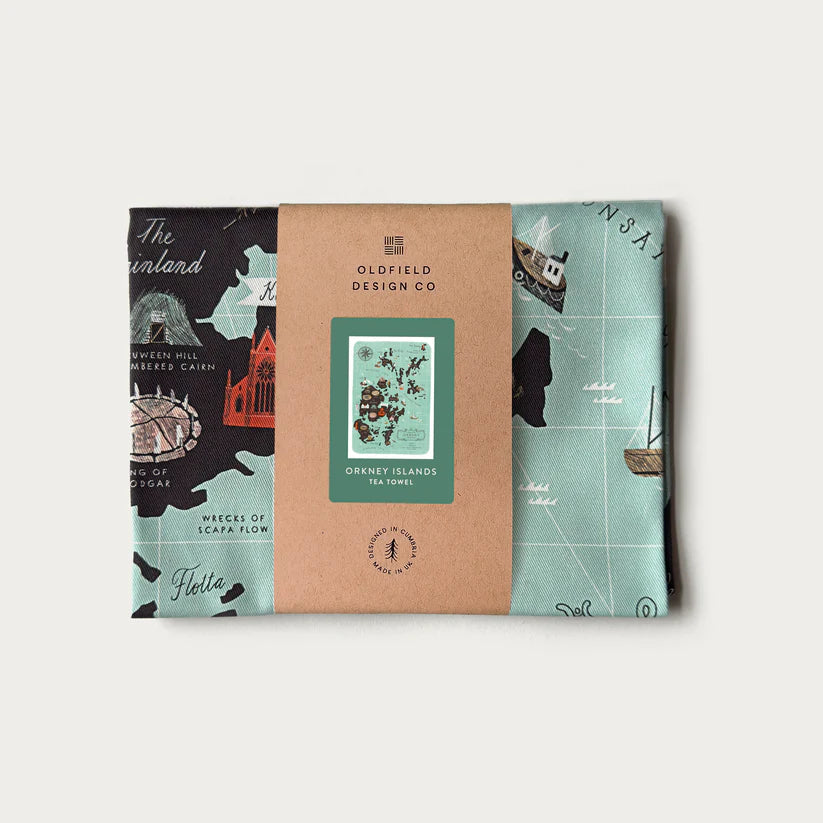 Orkney Islands tea towel; illustrated map design on teal cotton, packaged with a kraft paper label.
