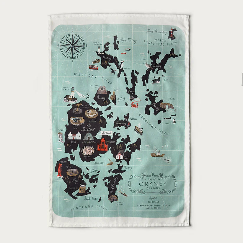 Illustrated tea towel depicting a map of the Orkney Islands, showing the islands' layout, towns, and landmarks in a vintage