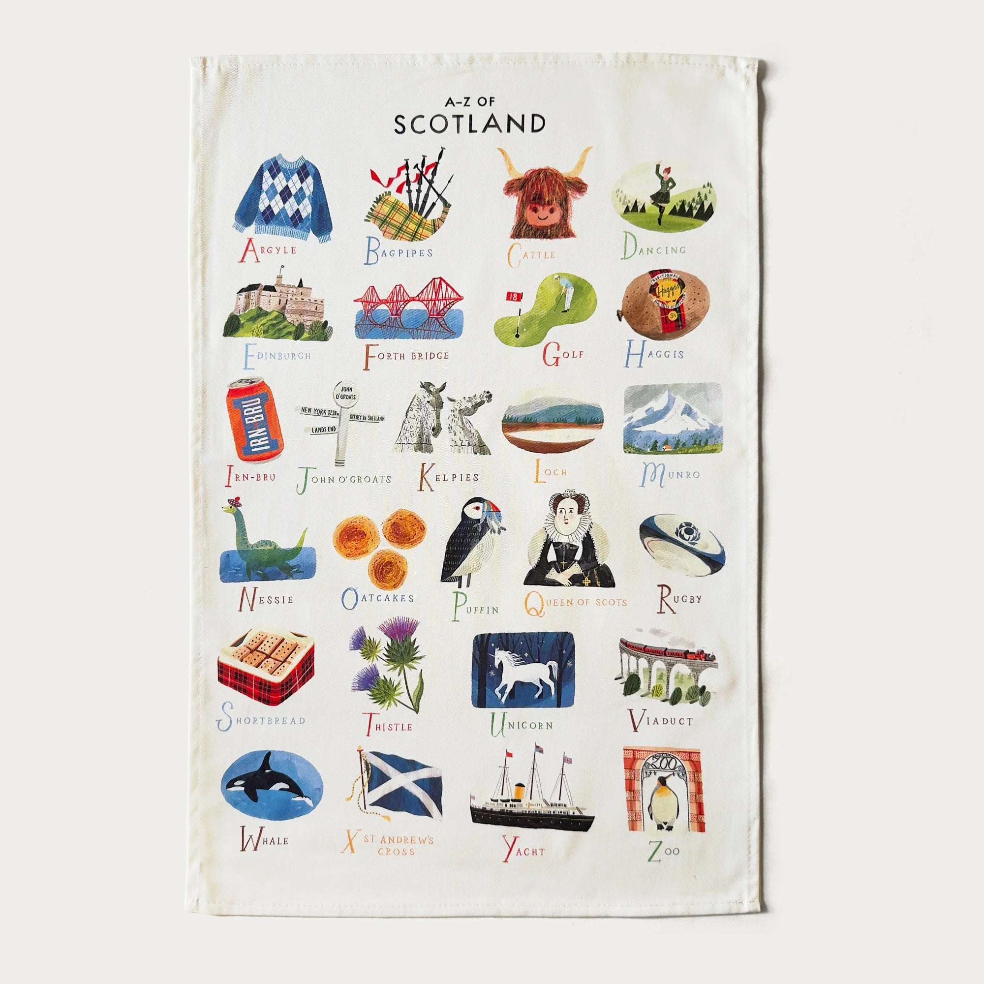 Tea towel with illustrations of Scottish items and text on a white background