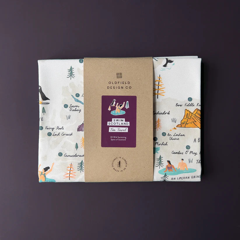 Swim Scotland tea towel featuring a map of 30 wild swimming spots in Scotland.  Illustrated with swimmers and landmarks.
