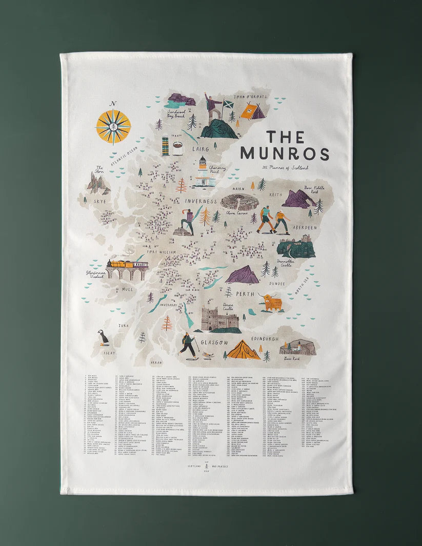 Illustrated tea towel depicting a map of Scotland's Munros, featuring mountains, cities, and small icons representing