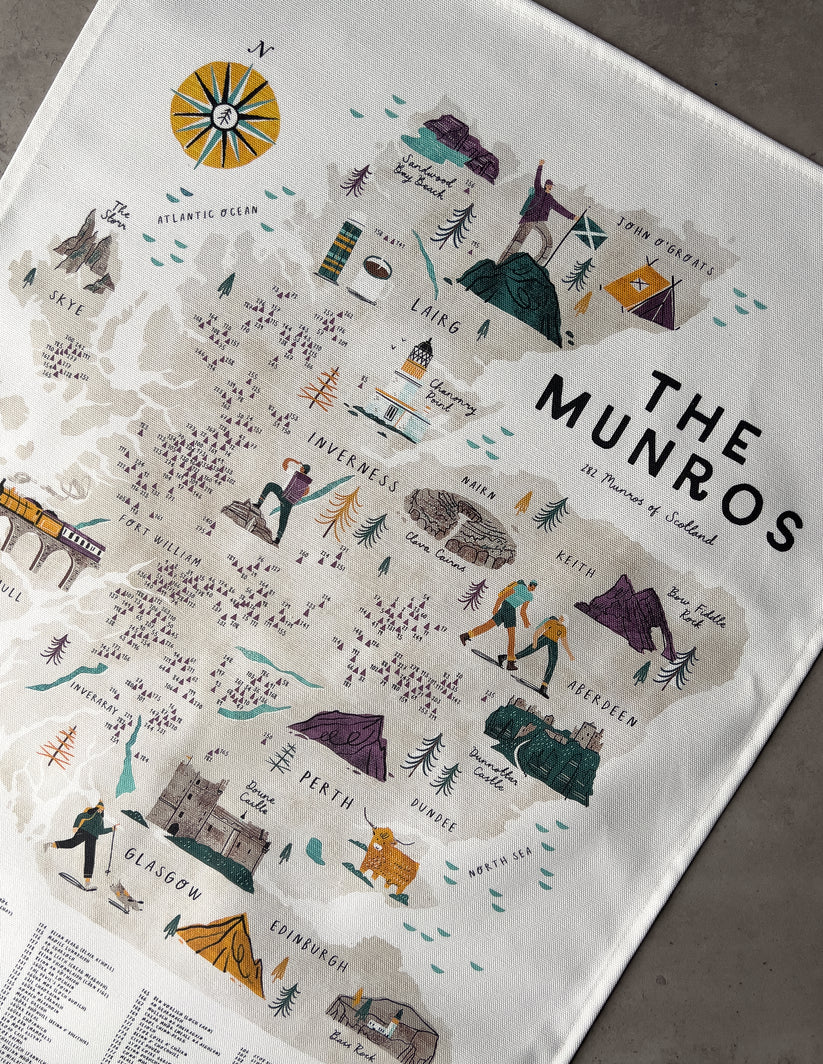 Illustrated tea towel depicting a map of Scotland's Munros, highlighting mountains, cities, and landmarks with hikers and