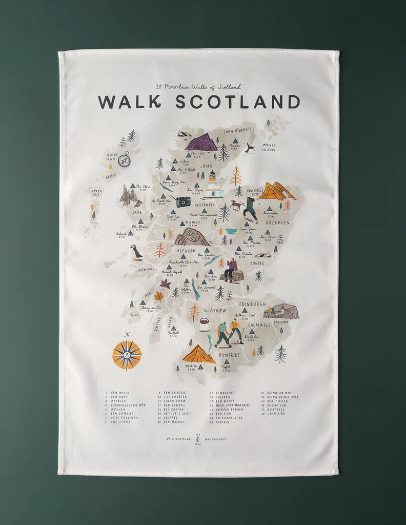 Illustrated map tea towel depicting 30 Scottish mountain walks, featuring a stylized map of Scotland with labeled peaks and