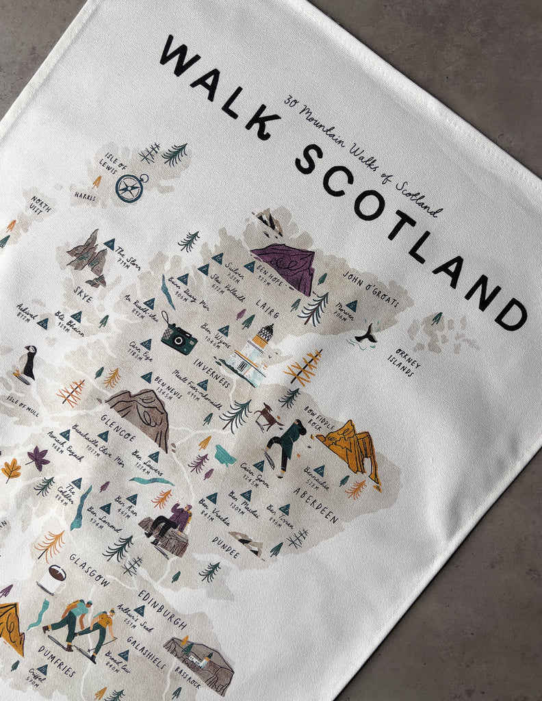 Illustrated map of Scotland highlighting 30 mountain walks; features illustrated mountains, cities, and hiking trails.