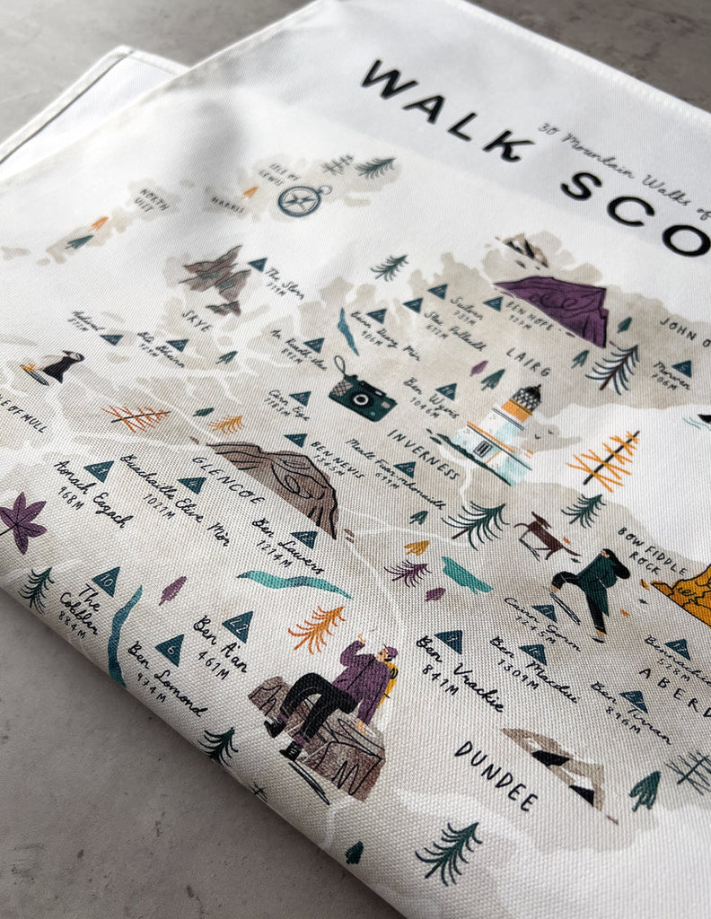 Illustrated map tea towel depicting 30 Scottish mountain walks, featuring names and heights of mountains, illustrated